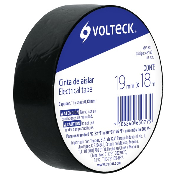 Cinta de Aislar VOLTECK, # 33, Color Negro, 19 mm x 18 Metros, TRUPER MV-33