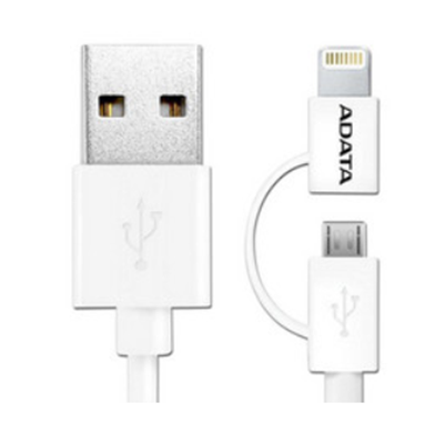 Cable Adata Lightning y MicroUSB, 2en1 a USB, Color Blanco, AMFI2IN1-100CM-CWH