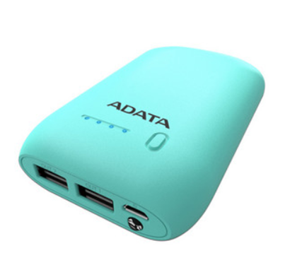 Batería Portátil recargable ADATA Power bank de 10,050 mAh para Smartphones y Tablets, 2 x USB, Color Azul Tiffany, AP10050-DUSB-5V-CGN
