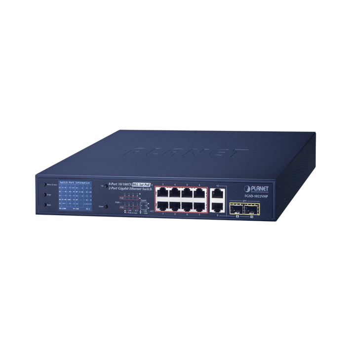 Switch PoE+, Distancia 250 Metros, 8 Puertos + 2 Combo TP/SFP Gigabit, Pantalla LCD para Monitoreo, PLANET FGSD-1022VHP