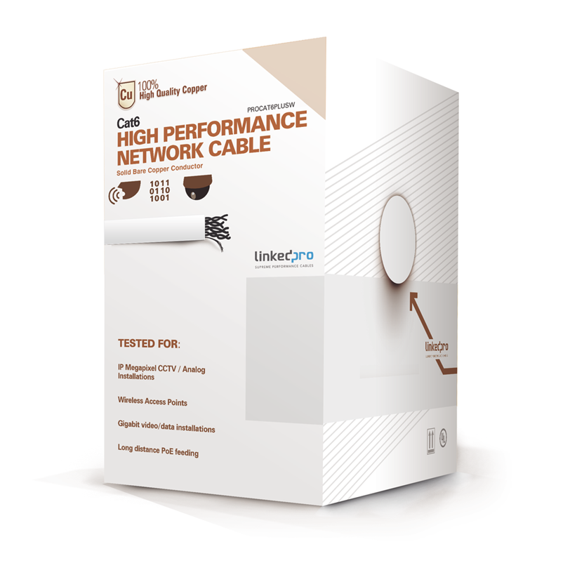 Bobina de Cable de 305 Metros, Cable Cat6 de Alto Desempeño, Súper Flexible, UL, Cobre, para Aplicaciones de CCTV y Redes de Datos,  LINKEDPRO PRO-CAT-6-PLUSW