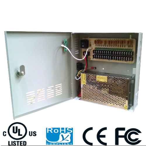 Fuente de 12 vcd, 20 Amperes, Para 18 Cámaras, 1.1 Amper por Canal, Protección Contra Sobrecargas, Certificación UL, SAXXON PSU1220-D18