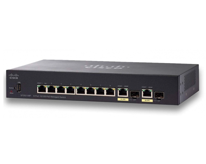 Switch Fast Ethernet Small Business SF352-08P, 8 Puertos 10/100Mbps + 2 Puertos SFP, 5.6 Gbit/s, 16.384 Entradas, Gestionado, CISCO SF352-08P-K9-NA