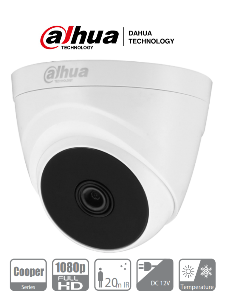 Cámara CCTV Tipo Domo, 1080p, Lente 2.8 mm, 103 Grados de Apertura, Smart IR 20 Mts, Uso Interior, CVI/TVI/AHD/CBVS, DAHUA DH-HAC-T1A21N-0280B