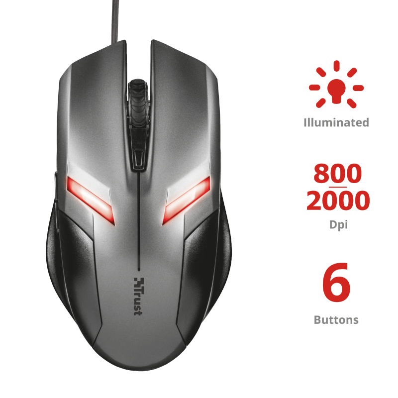 Ratón (Mouse) Gamer Modelo Ziva, USB, 6 Botones, Iluminación LED, Color Negro, TRUST 21512