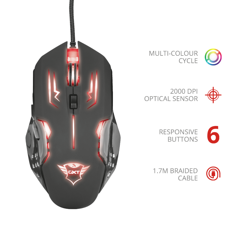 Ratón (Mouse) Gamer Modelo GXT 108 Rava, USB, 6 Botones, Longitud del Cable 1.8 Metros, Iluminación LED, Color Negro, TRUST 22090