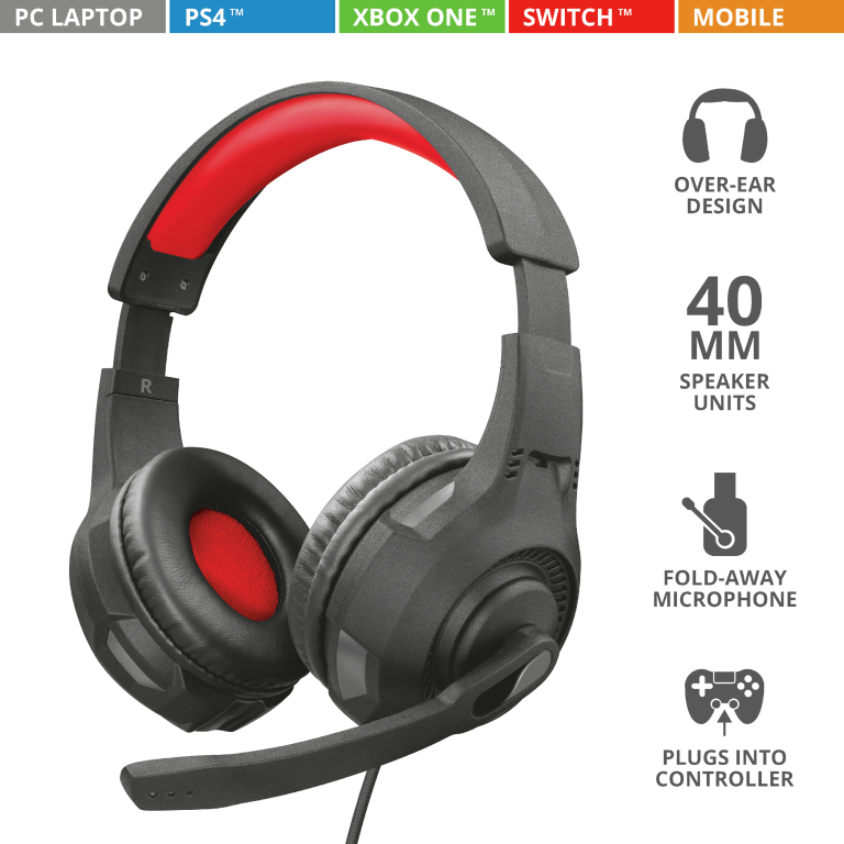 Audífonos Gamer C/ Micrófono Modelo GXT 307 Ravu, 3.5 mm, Color Negro / Rojo, Longitud Cable 2.0 Metros, TRUST 22450