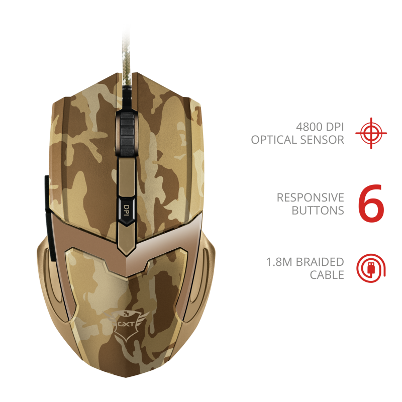 Ratón (Mouse) Gamer Modelo GXT 101D Gav, USB, 6 Botones, Longitud del Cable 1.8 Metros, Color Camuflaje, TRUST 22794