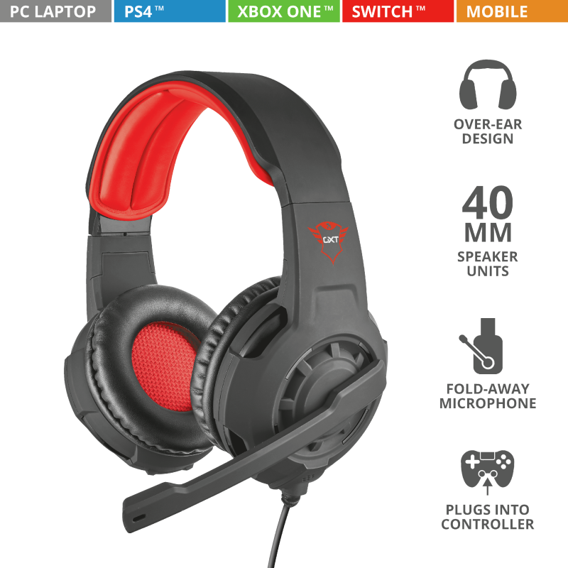 Audífonos Gamer C/ Micrófono Modelo GXT 310 Radius, 3.5 mm, Color Negro / Rojo, Longitud Cable 1.0 Metros, TRUST 21187