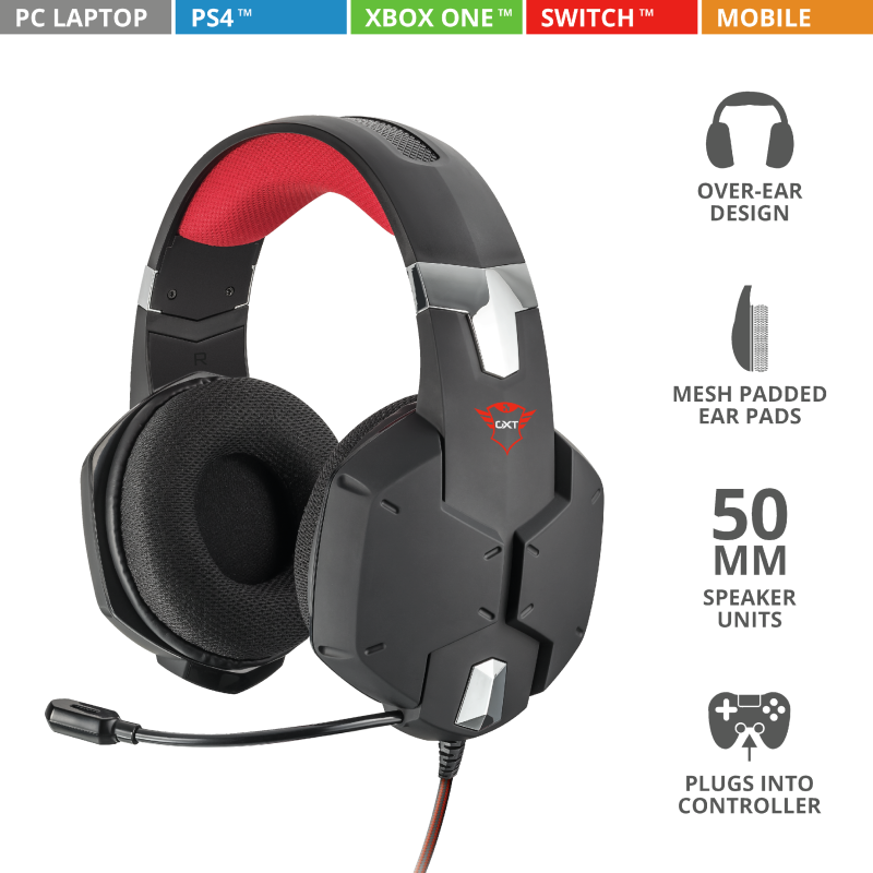 Audífonos Gamer C/ Micrófono Modelo GXT 322 Carus, 3.5 mm, Color Negro / Rojo, Longitud Cable 2.0 Metros, TRUST 20408