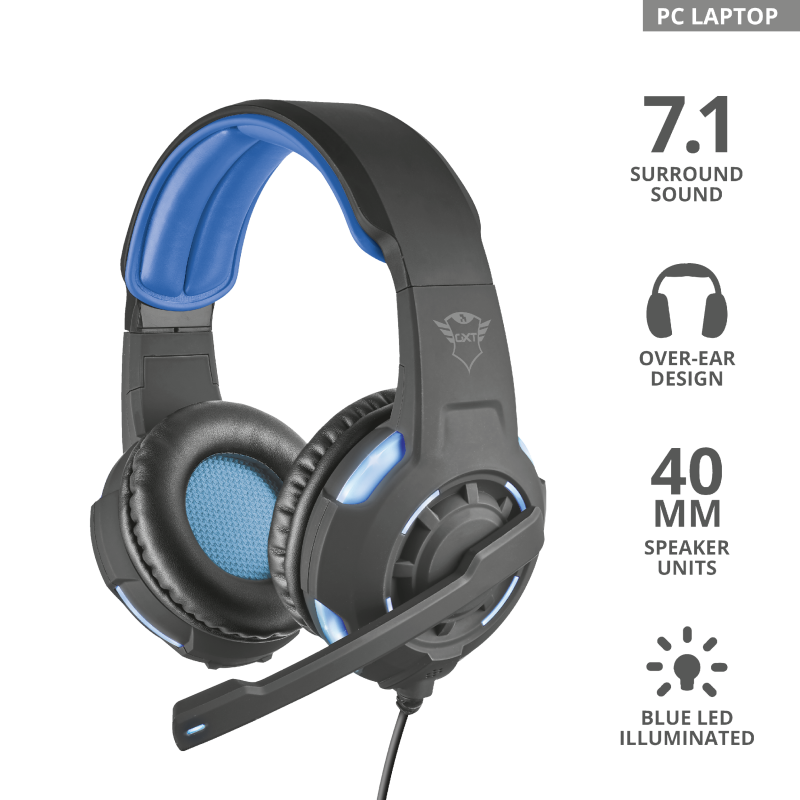 Audífonos Gamer C/ Micrófono Modelo GXT 330 XL Endurance, USB, 7.1 Surround, Color Negro / Azul, Longitud Cable 2.5 Metros, TRUST 22052