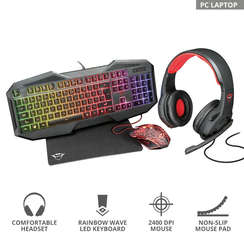 Audífonos C/ Micrófono + Ratón (Mouse)+ Teclado + MousePad Gamer Modelo GXT 788RW, TRUST 22588