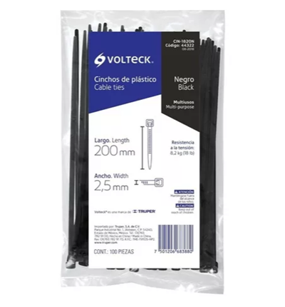 Cincho Plástico VOLTECK, Tensión 18 Libras, Longitud 20 Centímetros, Color Negro, 100 Piezas, Bolsa, TRUPER CIN-1820N