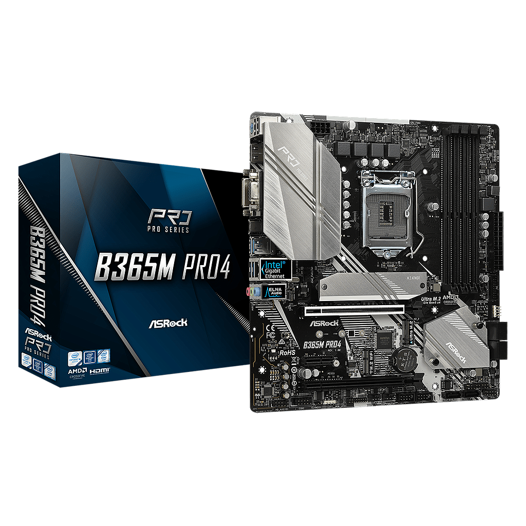 Tarjeta Madre B365M Pro4, 4 x DIMM DDR4 2133 - 2400 - 2666MHz  (Max 64GB), ATX, LGA-1151 (9th / 8t Gen), ASROCK B365M PRO4