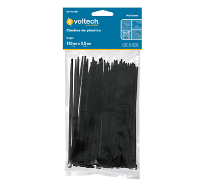 Cincho Plástico VOLTECK, Tensión 40 Libras, Longitud 15 Centímetros, Color Negro, 50 Piezas, Bolsa, TRUPER CIN-4015N