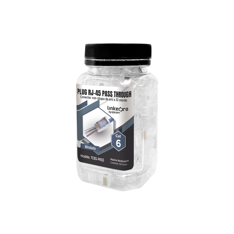 Bote con 100 Plugs Pass through RJ45 Cat6 BLINDADO chapado de oro a 30 micras para durabilidad extrema, LINKEDPRO TC6S-PASS
