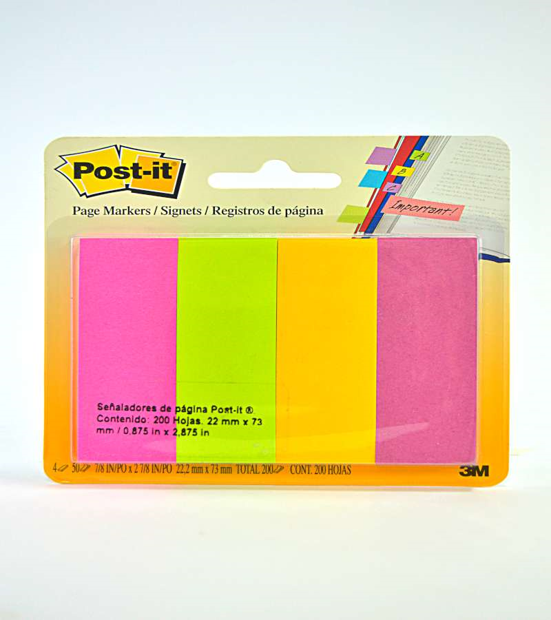 Banderitas Adhesivas (Post-it), Colores Ultra, 1/2 x 2", 4 Blocks C/ 50 Separadores C/U, 3M 671-4AU