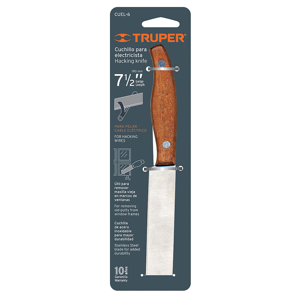 Cuchillo para Electricista, Mango de Madera, Longitud 7 1/2" (190 mm), TRUPER CUEL-6