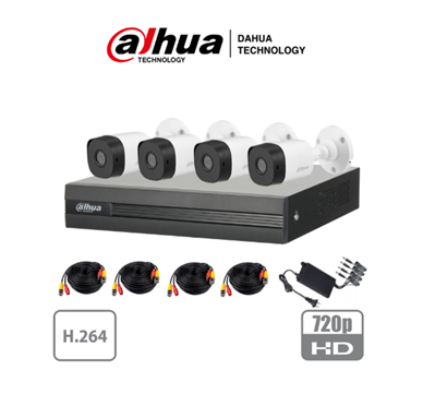 Kit de Video Vigilancia, 1 DVR PentaHíbrido 4 Canales (1 HDD Max 6TB) + 4 Cámaras Policarbonato 720p Bullet, IR 20 Mts, P2P, 4 Cables Siameses, 1 Fuente de poder, DAHUA XVR1A044B1A11