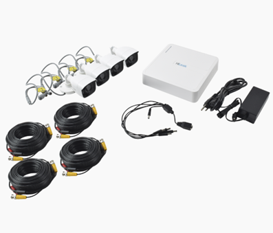KIT TurboHD HiLook, 720p, DVR 4 canales, 4 Cámaras Bala de Policarbonato, 4 Cables 18 Mts, 1 Fuente de Poder Pro, HIKVISION KIT7204BP