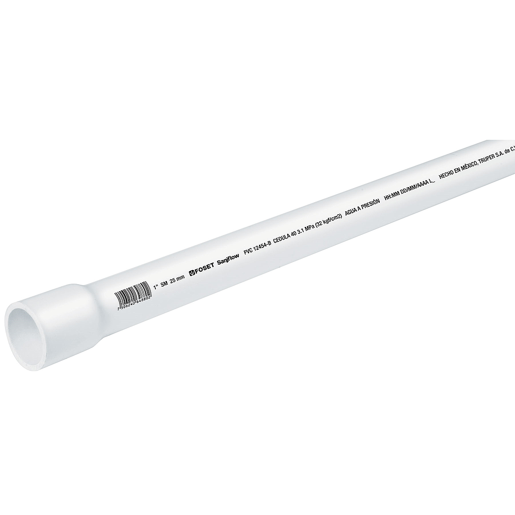 Tubo de PVC Hidráulico FOSET SANIFLOW, Cédula 40, 1",  Tramo de 3 Mts, TRUPER PVC-003