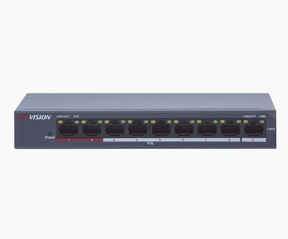 Switch PoE+ / 250 Metros PoE Larga Distancia / 8 Puertos 100 Mbps 802.3 af/at (30 W) + 1 Puerto Uplink 100 Mbps, HIKVISION DS-3E0109P-E/M