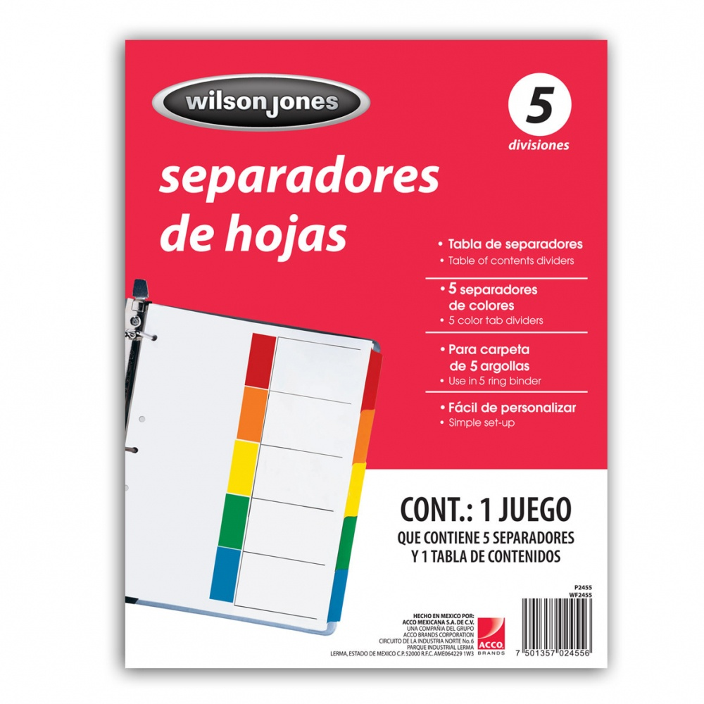 Separadores de Hoja para Carpeta 2 y 3 Arillos, 5 Divisiones, ACCO P2455