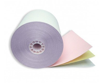 Rollo de Papel Autocopiante de 76 x 70 mm, centro de Cartón, Blanco / Rosa / Amarillo, PCM BRA7670