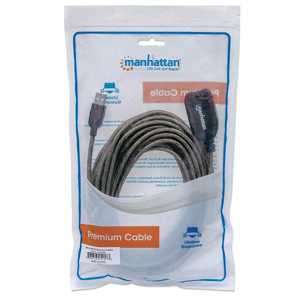 Cable Extensión Activa USB 2.0 (M) a USB 2.0 (H), Longitud 10 Metros, MANHATTAN 151573