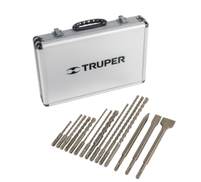 Juego de Brocas y Cinceles SDS Plus, Concreto / Piedra / Ladrillo, 15 Piezas, Estuche de Aluminio, TRUPER JSDS-15