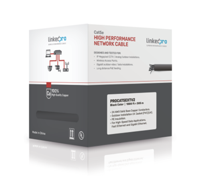 Bobina Cable UTP Cat 5E, 4 Pares, 305 Metros (1,000 ft), Color Negro, Uso Exterior (Blindado), LINKEDPRO PRO-CAT-5-EXT-V2