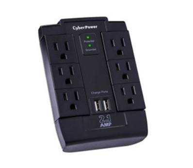 Supresor de Picos, 6 x Contactos NEMA 5-15R + 2 x USB (2.4A), 125V, 15A, 1200 J, CYBERPOWER P600WSURC1