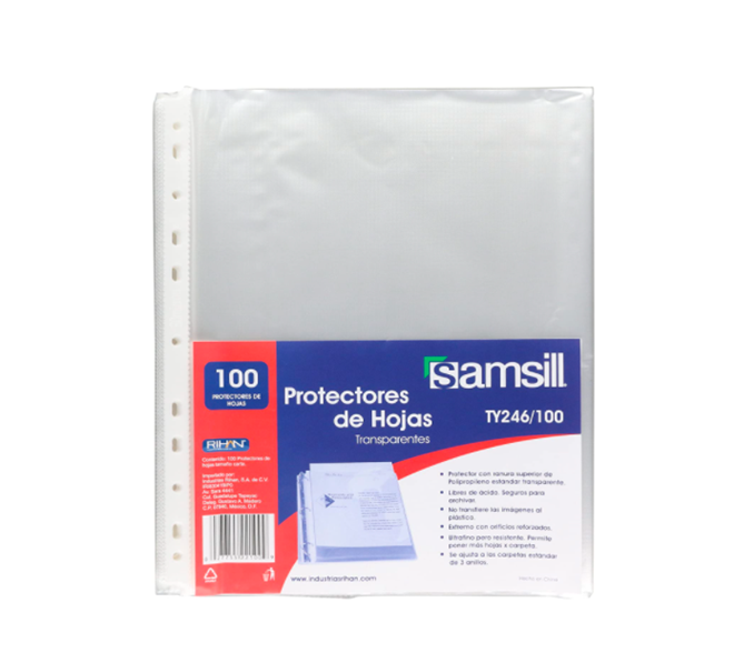 Protectores de Hojas Samsill, Tamaño Carta, Color Cristal, Paquete de 100, RIHAN TY-246