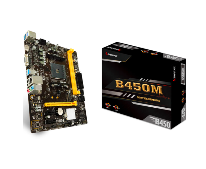 Tarjeta Madre (Motherboard) B450MH, Chipset AMD B450, Para AMD A-series APU / Ryzen CPU / NPU, Socket AM4, 2xDDR4, 32 GB Máx, HDMI / VGA, Gigabit, BIOSTAR B450MH
