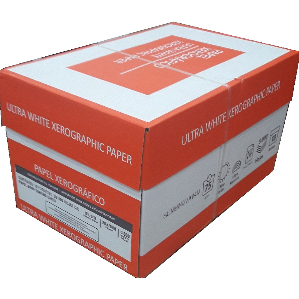 Caja de Papel Bond Tamaño Carta, Color Blanco, 75 Gramos, Modelo XEROGRAFICO, Blancura 96%, Contenido 10 Remas de 500 Hojas C/U, SCM01104B10R