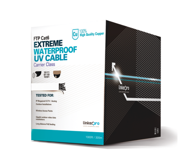 Bobina de Cable 100% Cobre Solido 23 AWG, Caja con 305 Metros Lineales, Categoría 6 (CAT 6), Para Instalaciones en Exterior, Color Blanco, LINKEDPRO PRO-CAT-6-EXT-LITEW