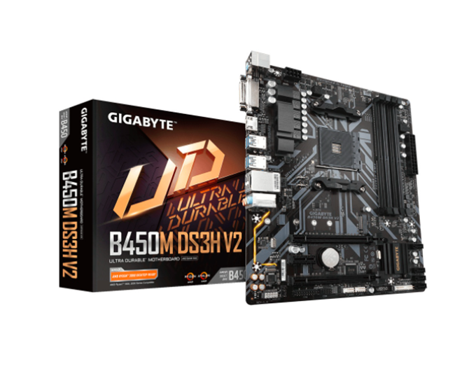 Tarjeta Madre (MoBo) Chipset AMD B450, Socket AM4, Para AMD Ryzen 1ra / 2da / 3era Gen, 4x DDR4 (Max 128GB), HDMI / DVI-D, GIGABYTE B450M DS3H V2