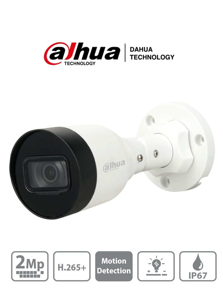 Cámara IP Bala (Bullet) 2 MP, H.265+, 20 Fps, Lente 2.8mm, Angulo 104, IR 30 Mts, IP67, PoE, DWDR, HLC, DAHUA DH-IPC-HFW1230S1N-0280B-S4