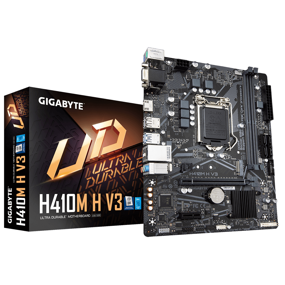 Tarjeta Madre (MoBo) Chipset Intel H410 , Soporta: Intel 10ma Gen, Socket 1200, 2xDDR4 (64GB Max), Audio HD, Red, USB 3.2 y SATA 3.0, ATX, PCIEx16, PCIEx1, GIGABYTE H410M H V3