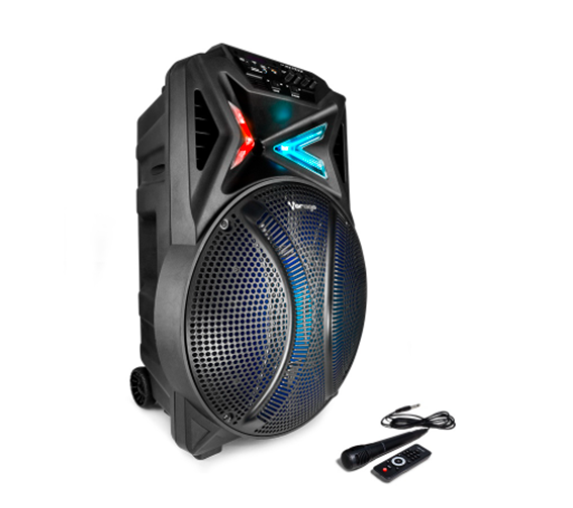 Bocina (Bafle Amplificado), 15", RMS 80W, Conexión Bluetooth / USB / SD , Color Negro, Incluye Control y Micrófono Alámbrico, Batería Recargable, VORAGO KSP-501