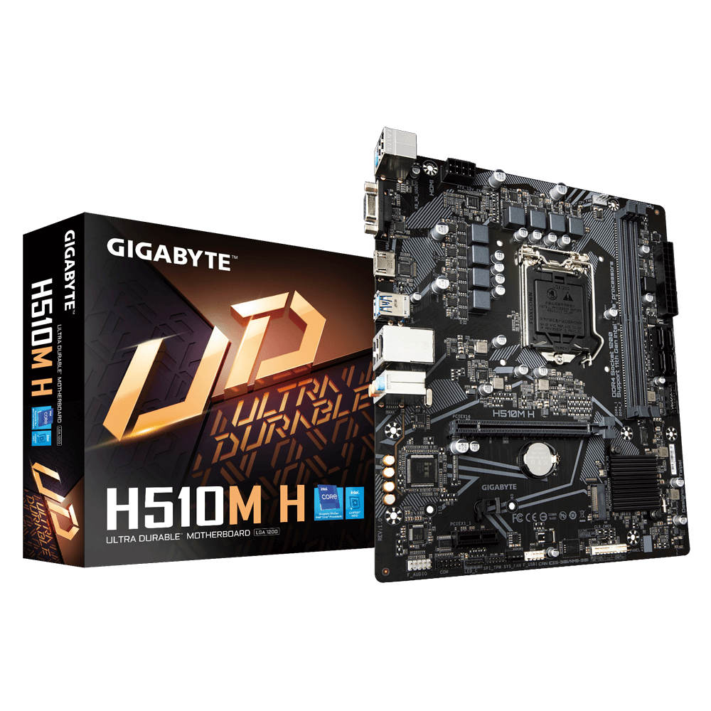 Tarjeta Madre (MoBo) Chipset Intel H510 , Soporta: Intel 10ma Gen, Socket 1200, 2xDDR4 (64GB Max), Audio HD, Red, USB 3.2 y SATA 3.0, ATX, PCIEx16, PCIEx1, M.2, GIGABYTE H510M H