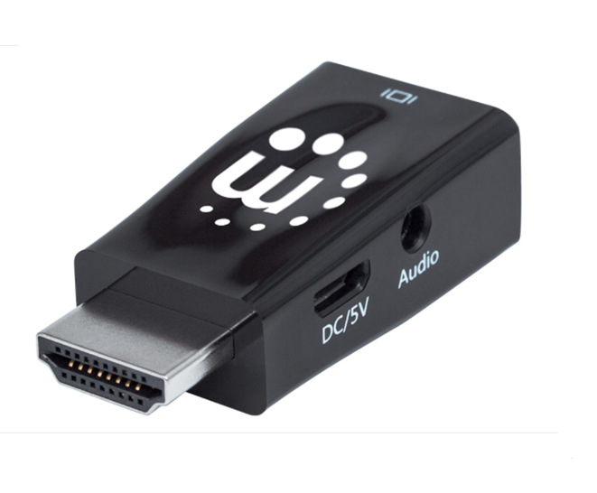 Adaptador / Convertidor de Video HDMI Macho a VGA Hembra, + 3.5mm + Micro USB, Color Negro, MANHATTAN 151542