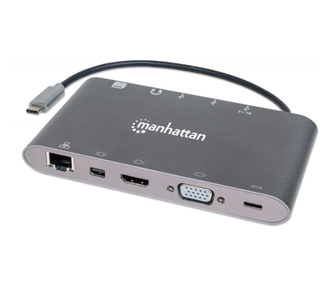 Docking Station (Hub) 7 en 1, Interfaz USB C, 3x USB 3.0, 1x USB C, 1x HDMI, 1x VGA, Color Plata, MANHATTAN 152808