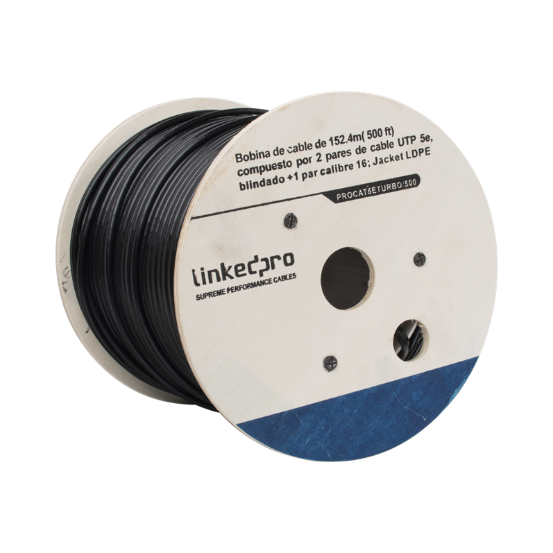 Bobina de Cable UTP, 152.4m (500 ft), Cat 5e, Blindado + 2/16 AWG LDPE, Color Negro, LINKEDPRO PRO-CAT-5E-TURBO/500