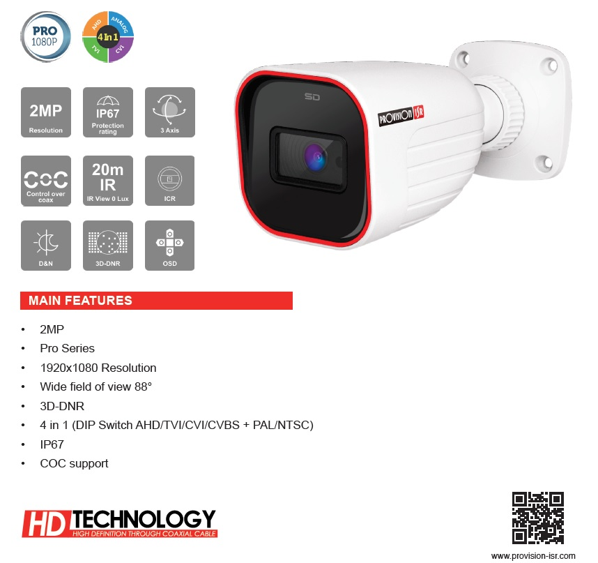 Cámara de Video Vigilancia Tipo Bala (Bullet), 2MP, 1080P, Lente 2.8MM, IP67, IR 20M, PROVISION ISR I2-320A-28