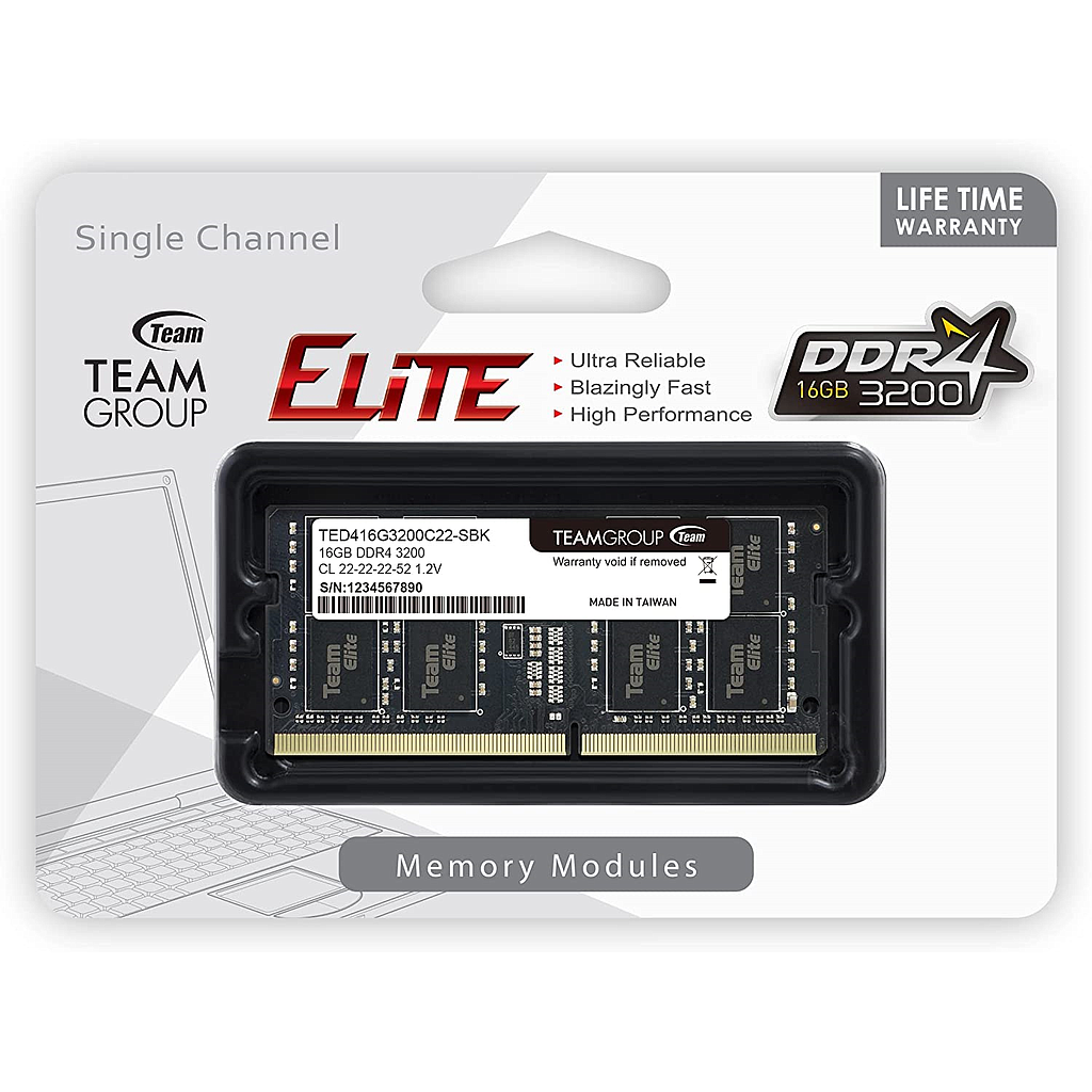 Memoria RAM DDR4 PC4-25600, Modelo ELITE, Capacidad 16GB, Frecuencia 3200MHz, CL22, SO-DIMM, TEAMGROUP TED416G3200C22-S01