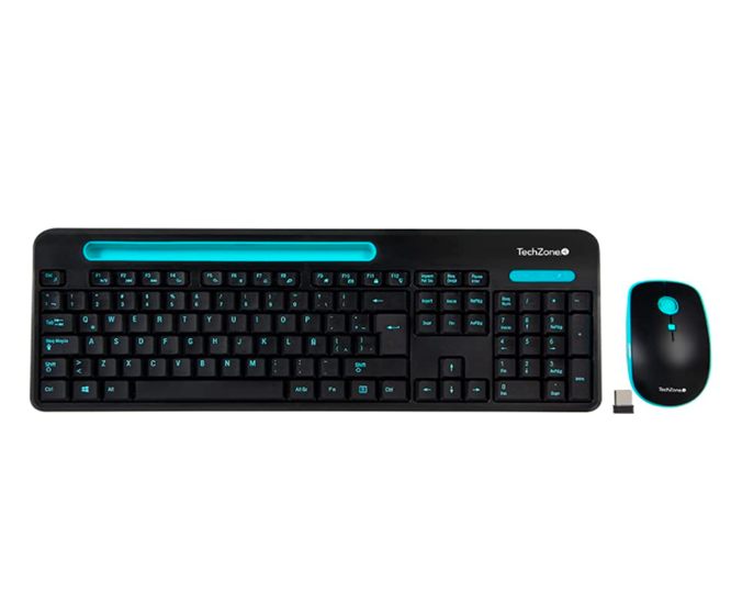 Kit de Teclado y Mouse Inalámbricos, con Soporte para Dispositivo Móvil, Color Negro / Azul, TECHZONE TZ20COMB02-INA