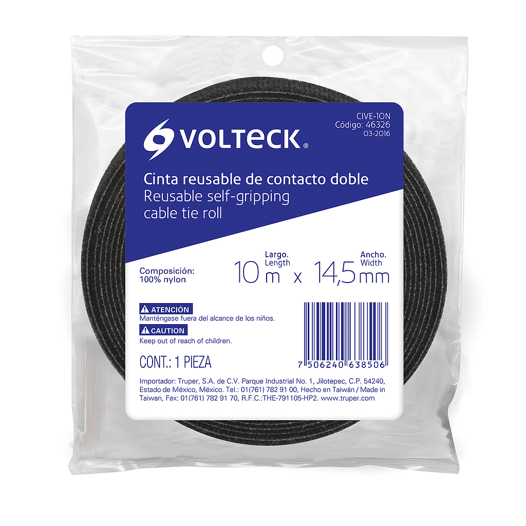 Cinta de Contacto VOLTECK Doble, 10 m, Color Negro, TRUPER CIVE-10N