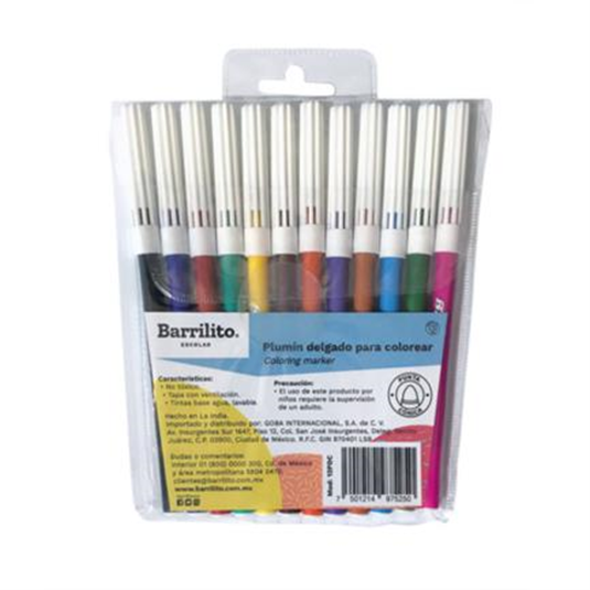 Plumones Delgado, Colores Surtidos, Bolsa C/12 Pzas, BARRILITO 12PDC
