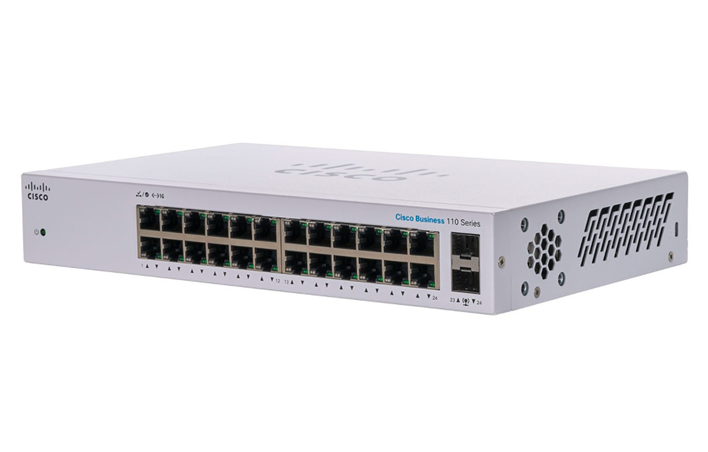 Switch 24 Puertos RJ45, No Administrable, 10/100/1000, 2 Puertos Combo SFP, Montable en Rack y Pared, CISCO CBS110-24T-NA